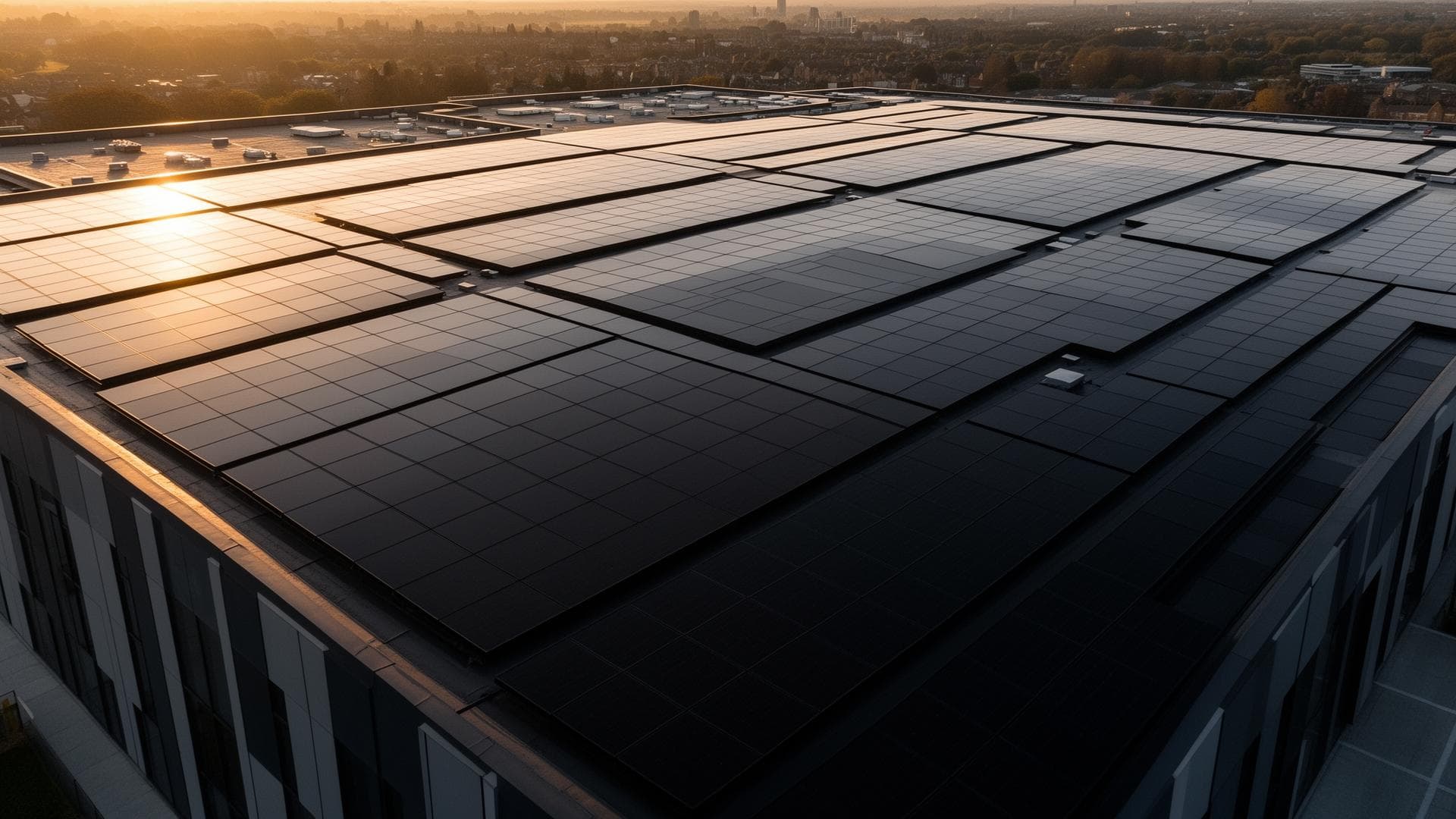 Commercial rooftop solar array at dusk