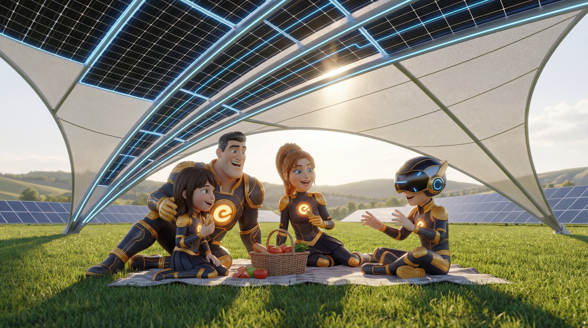 A happy family enjoying a picnic under solar panels - powered by clean renewable energy
